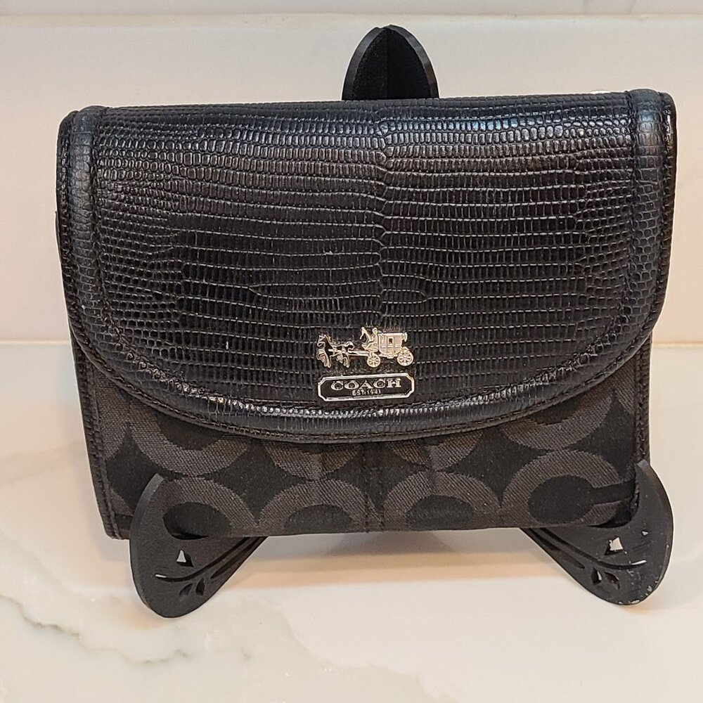 Coach Madison Op Art black signature canvas & lizard embossed leather EUC